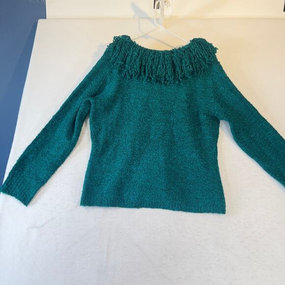 Norton McNaughton Sweater Woman's Large Green Fluffly Fringe Collar Long Sleeve - Picture 4 of 11